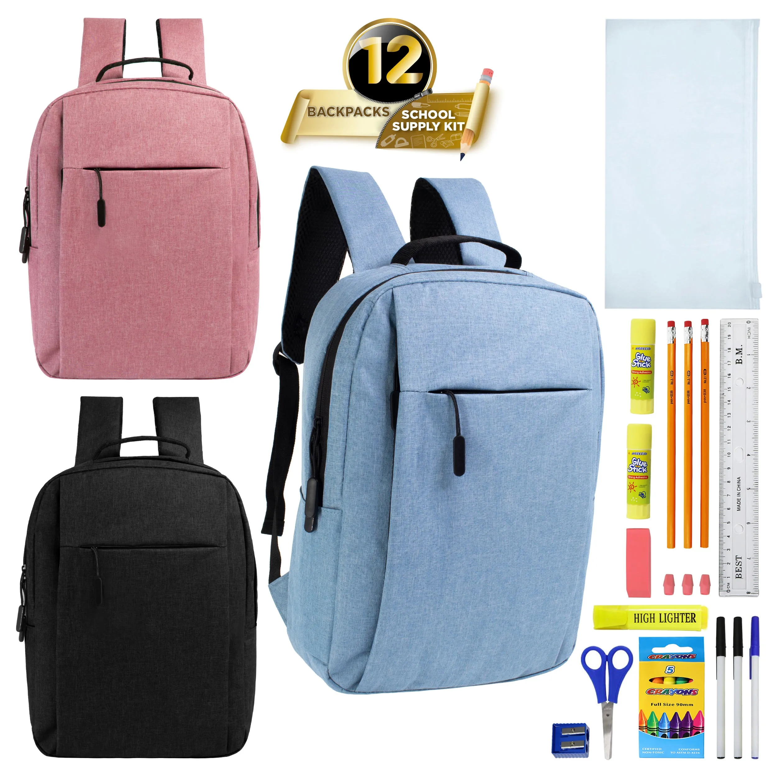 12 Wholesale Premium Laptop Backpacks & 12 Bulk School Supply Kits of Your Choice