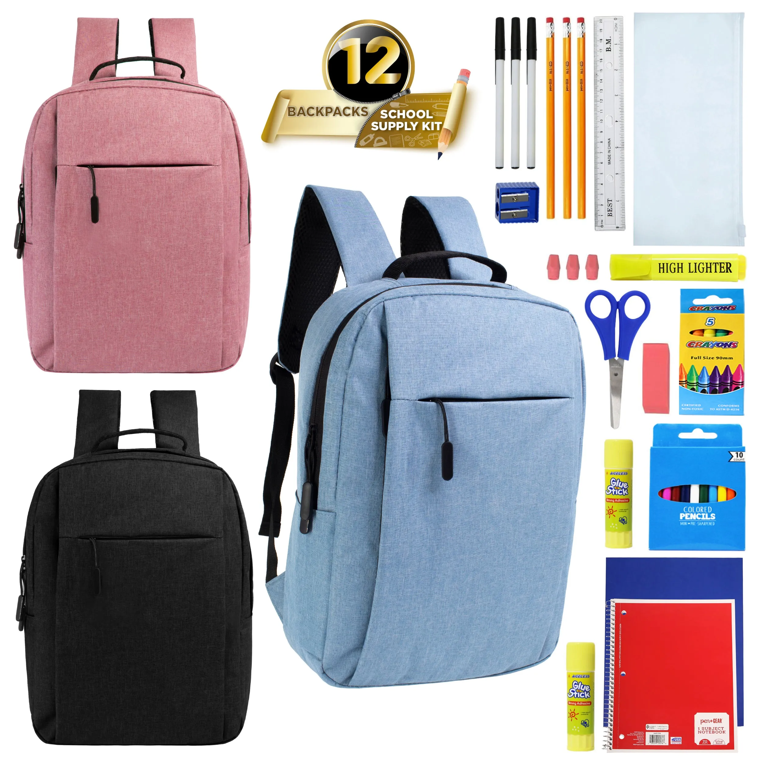 12 Wholesale Premium Laptop Backpacks & 12 Bulk School Supply Kits of Your Choice