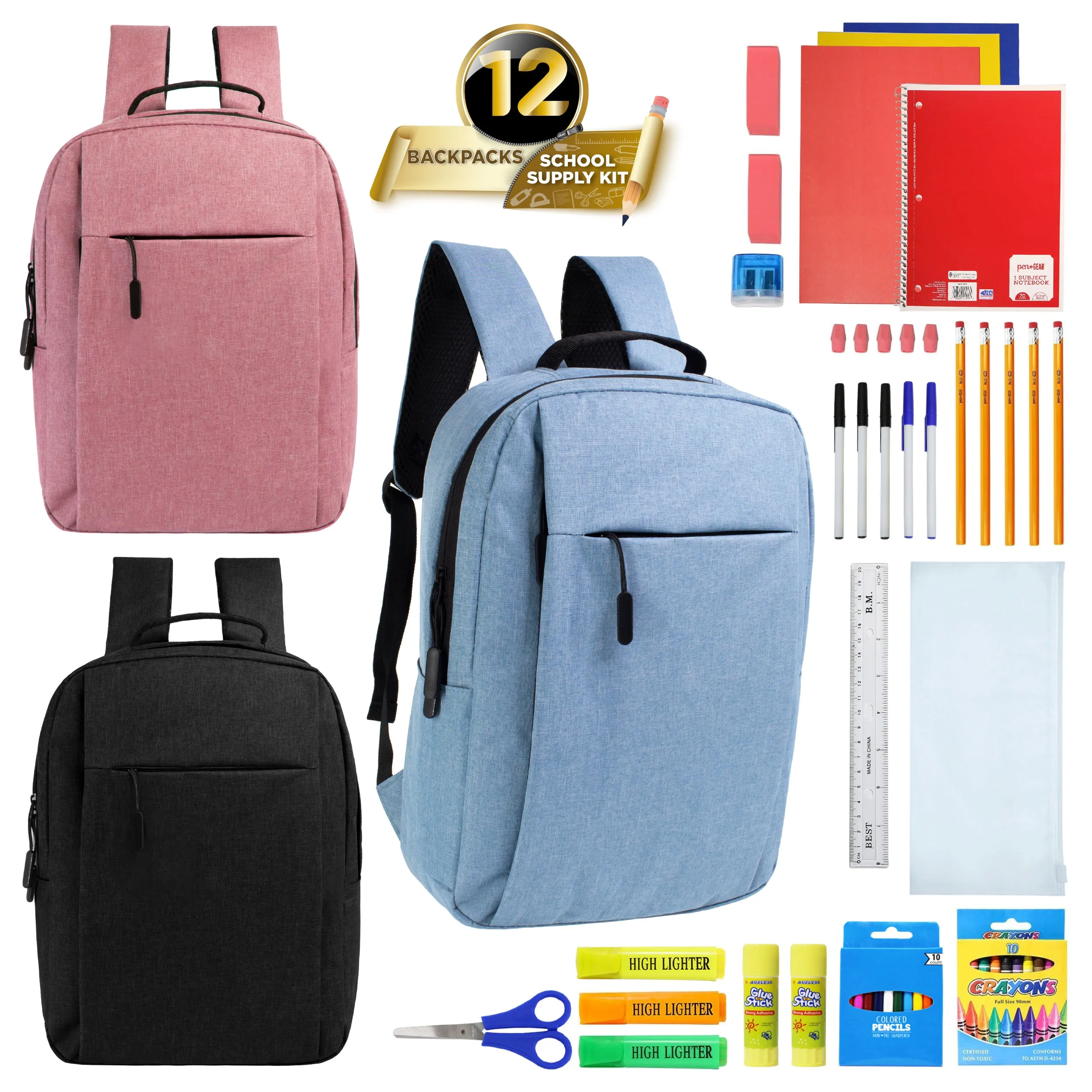 12 Wholesale Premium Laptop Backpacks & 12 Bulk School Supply Kits of Your Choice