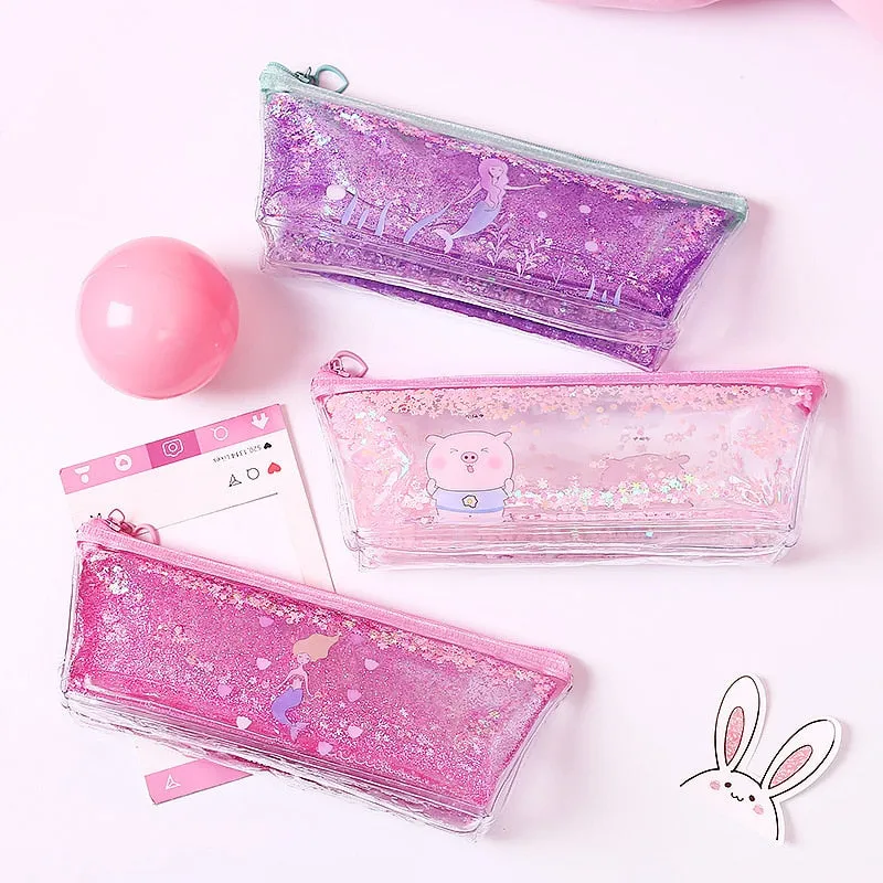 1Pc Kawaii Mermaid Pig Quicksand oil Pencil Case