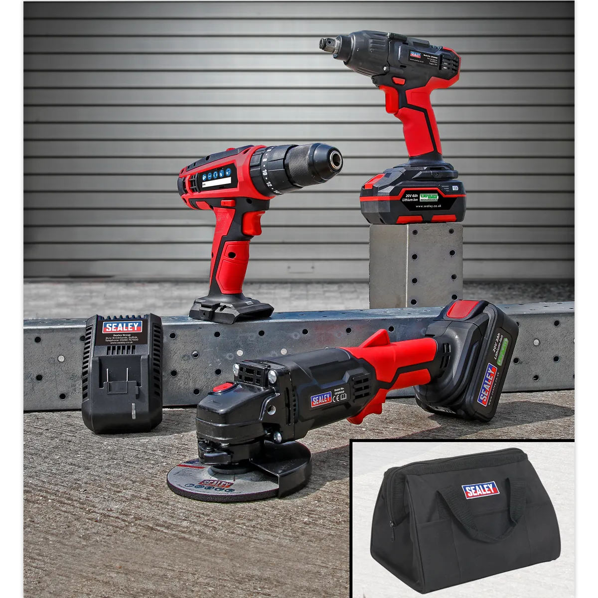 20V Cordless 13mm Hammer Drill/1/2"Sq Drive Impact Wrench/¯115mm Angle Grinder Combo Kit