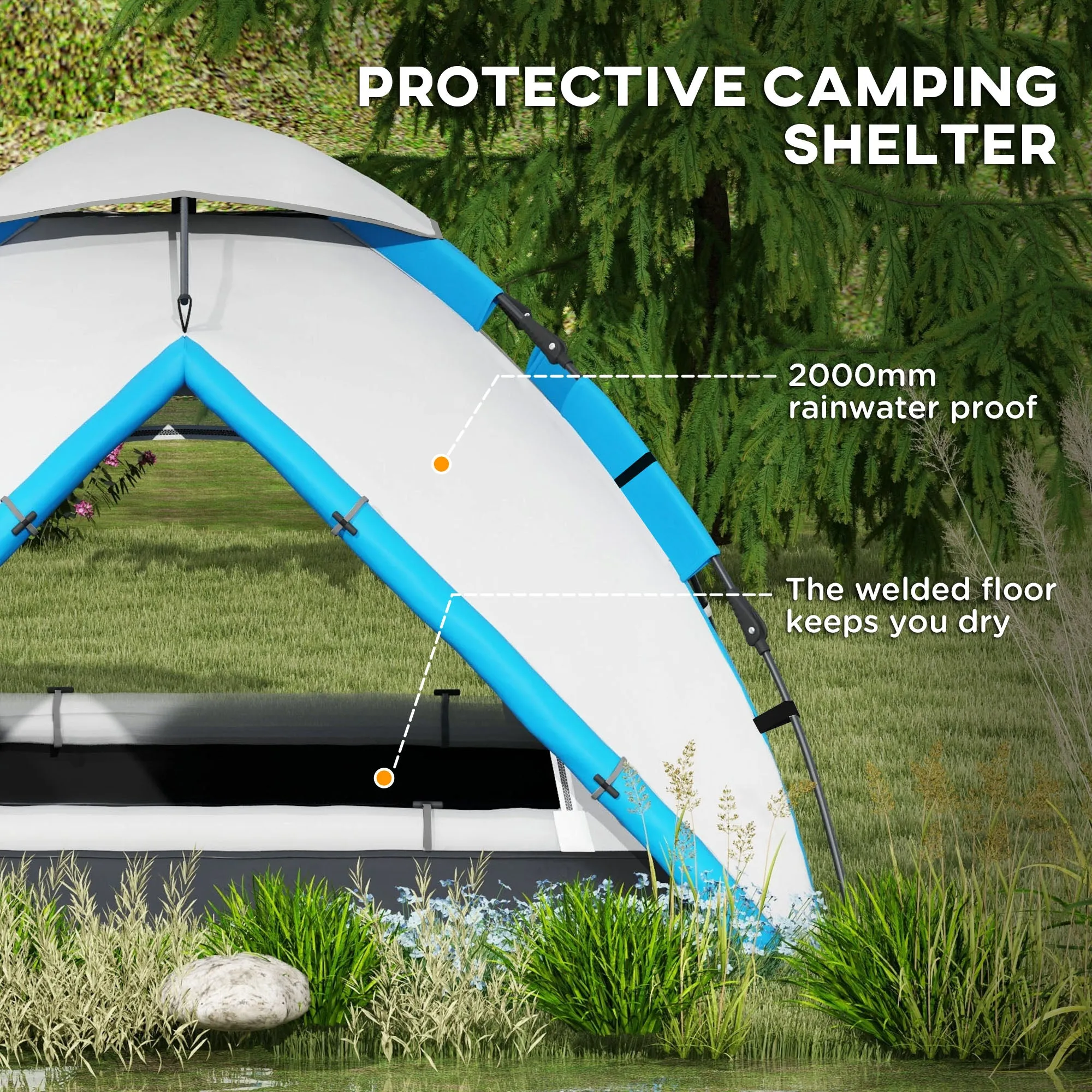 3-4 Man Camping Tent, Family Tent, 2000mm Waterproof, Portable with Bag, Quick Setup, Blue