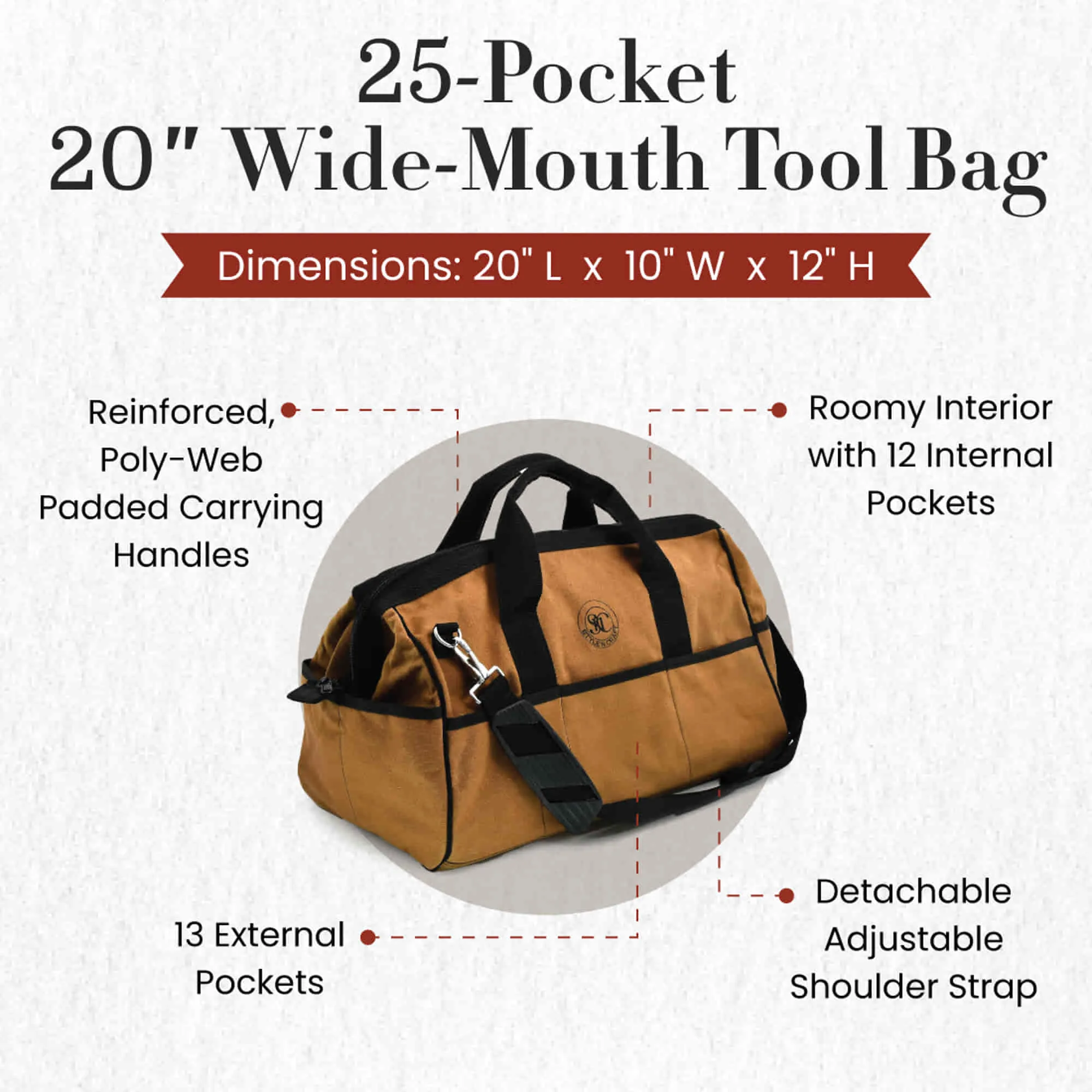 97012 - 25 Pocket 20 Inch Wide Mouth Tool Storage Bag in Brown Waterproof Canvas | Style n Craft