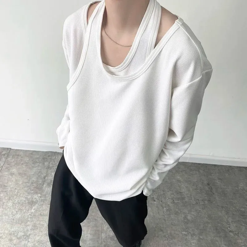 Autumn Personalized Fake Two-piece Double-layer Knitted Niche Men's Long Sleeve T-shirt Korean Loose Pullover Tops 9Y9194