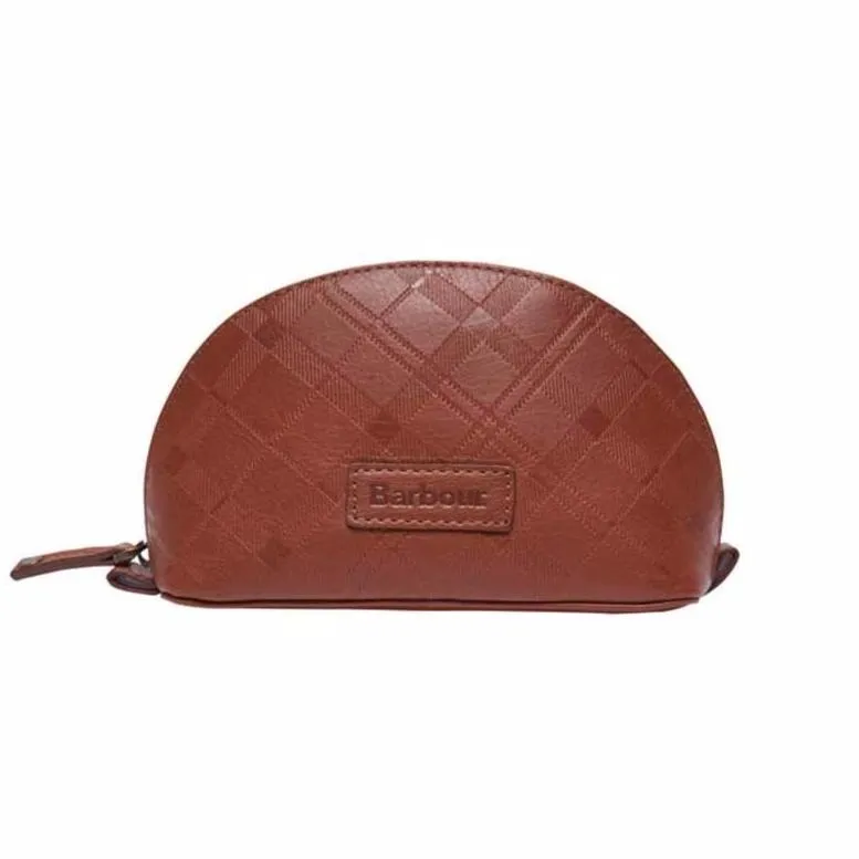 Barbour Embossed Tartan Leather Make Up Bag in Dark Tan