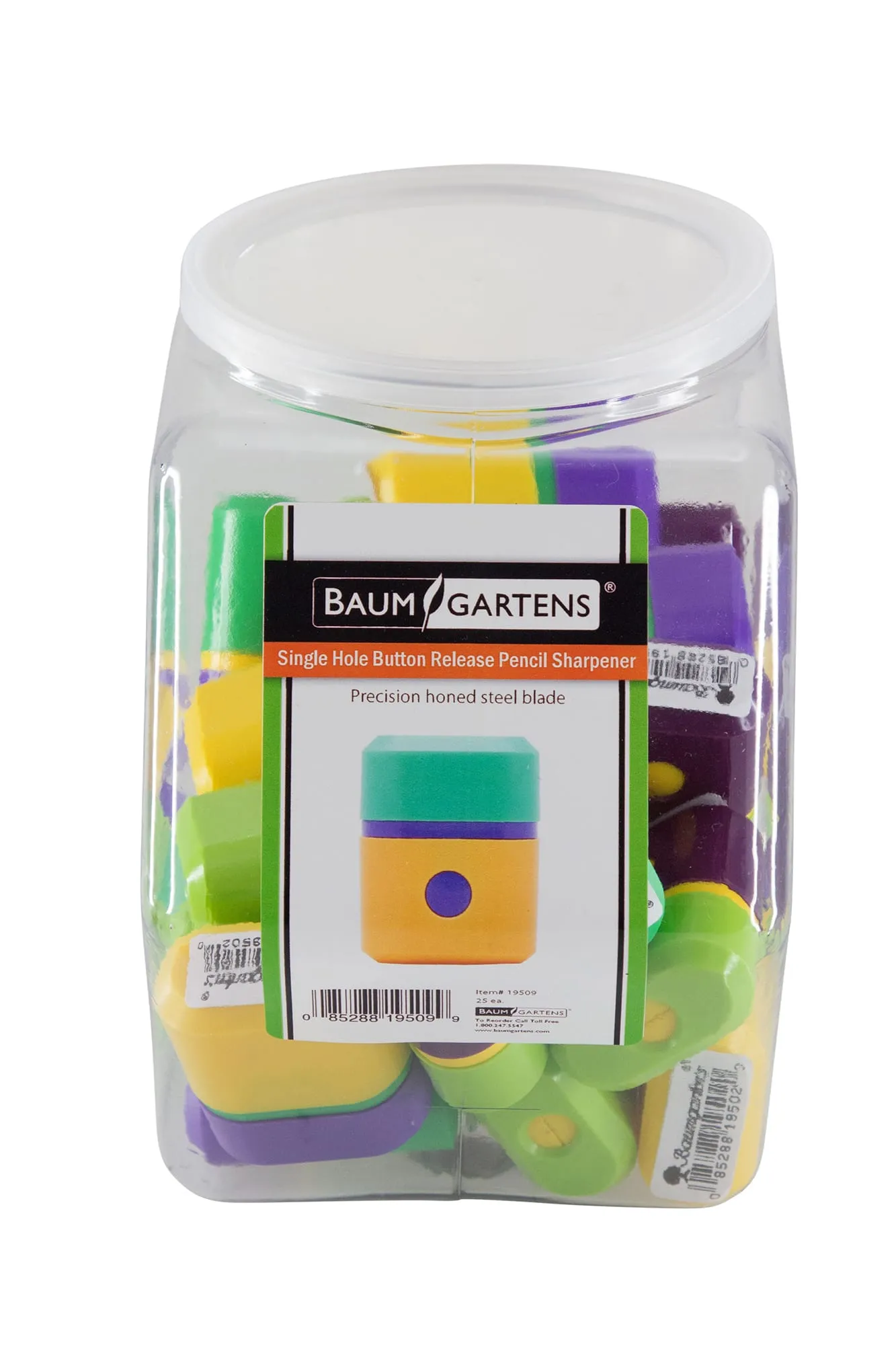 Baumgartens Pencil Sharpeners Button Release Single Hole Hexagonal Tub Display of 40 ASSORTED Colors (19519)