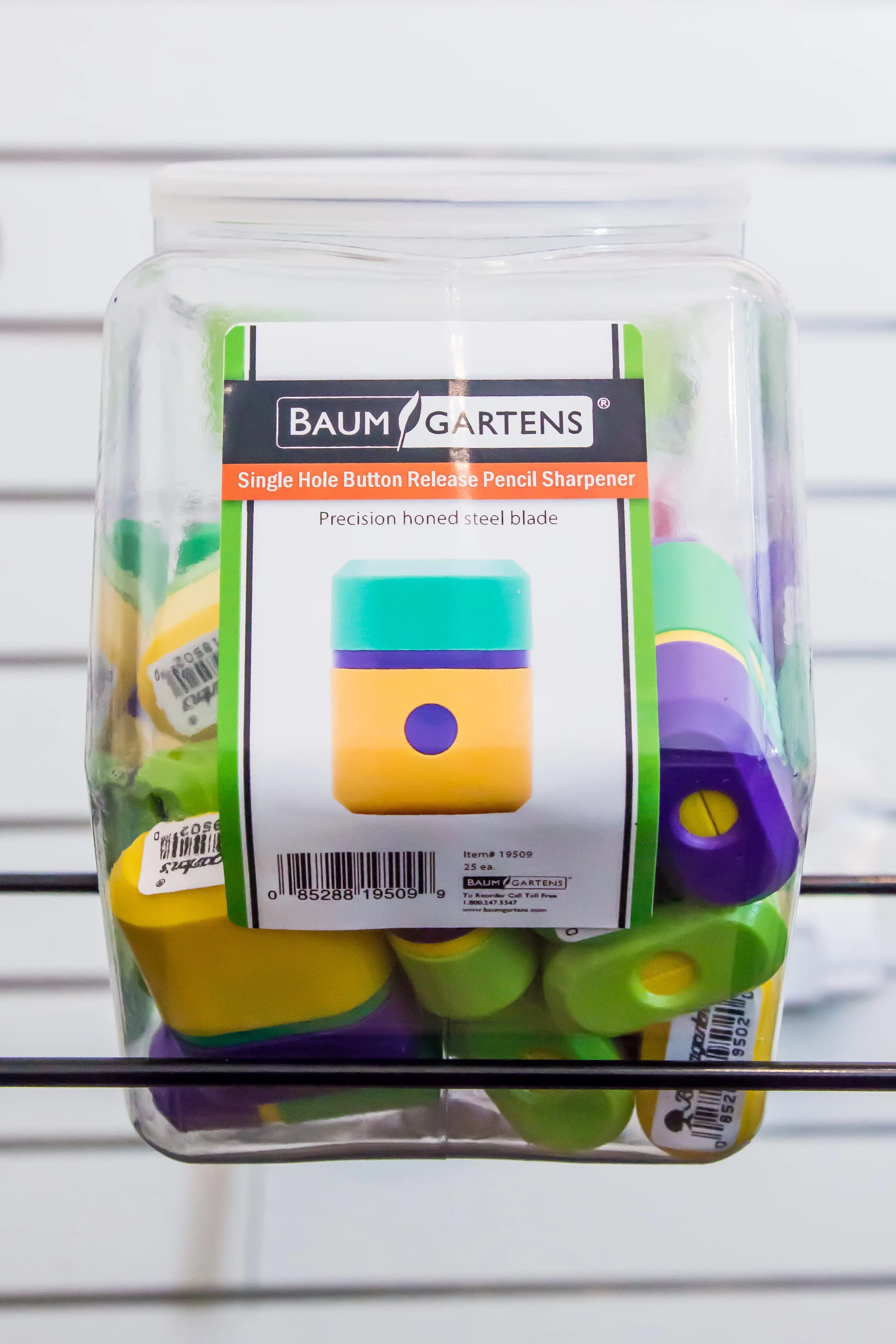 Baumgartens Pencil Sharpeners Button Release Single Hole Hexagonal Tub Display of 40 ASSORTED Colors (19519)