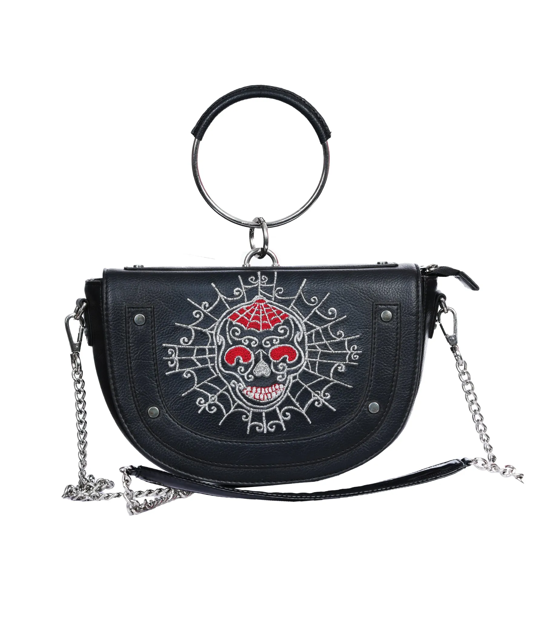 Black Faux Leather Skeleton Embroidered Sling Bag/Purse