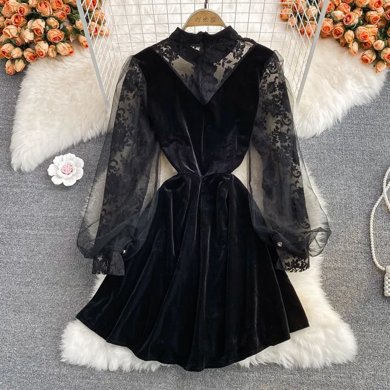 Black lace long sleeve dress black fashion dress   S84