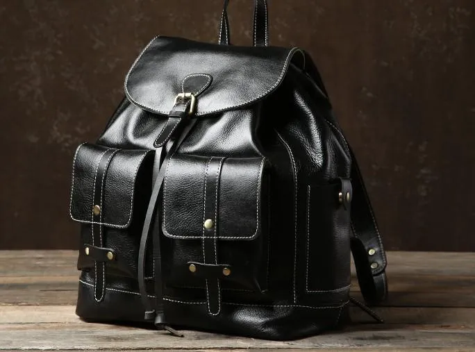 Black Leather Mens Cool Backpack Laptop Bag Large Travel Bags Hiking Backpack for Men