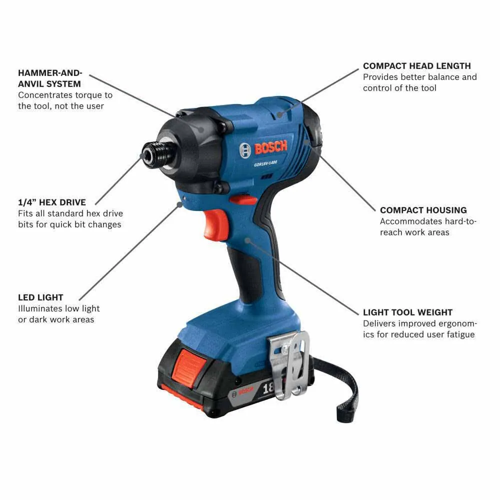 Bosch GDR18V-1400B12 18V 1/4 In. Hex Impact Driver w/ (1) 2.0 Ah Slimpack Battery