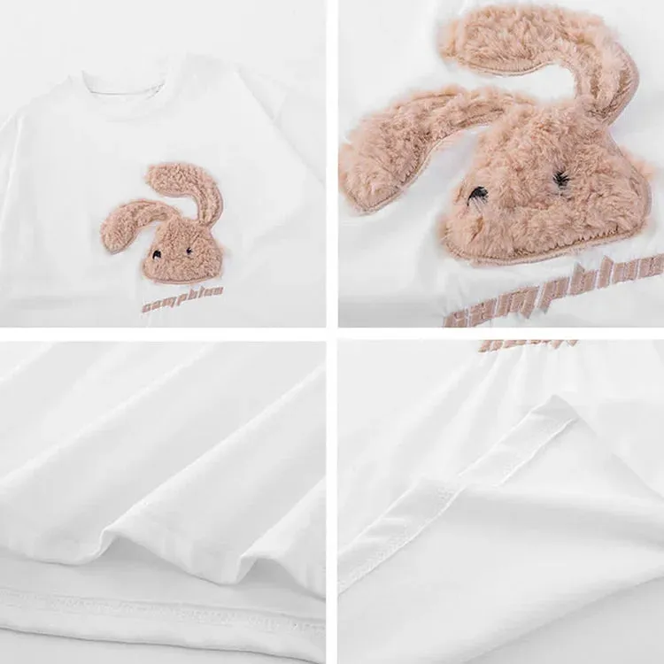 Cartoon Rabbit Letter Embroidery Round Neck T-Shirt