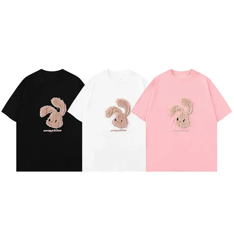 Cartoon Rabbit Letter Embroidery Round Neck T-Shirt