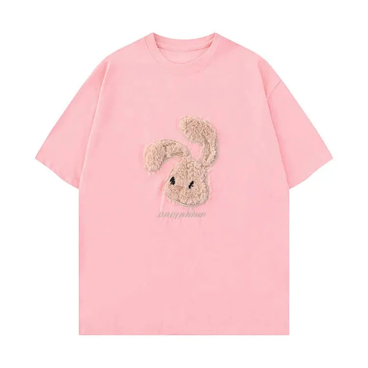 Cartoon Rabbit Letter Embroidery Round Neck T-Shirt