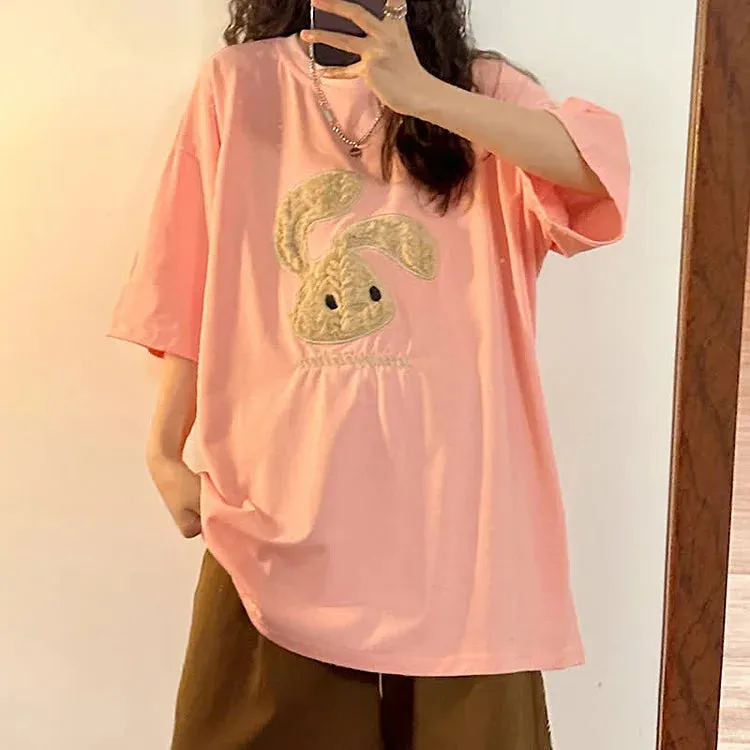 Cartoon Rabbit Letter Embroidery Round Neck T-Shirt