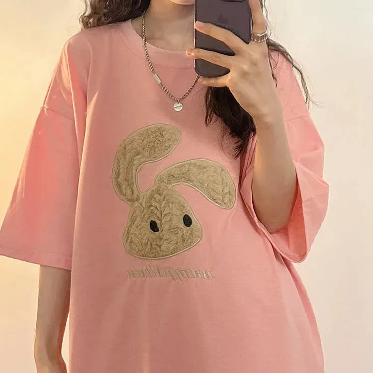 Cartoon Rabbit Letter Embroidery Round Neck T-Shirt