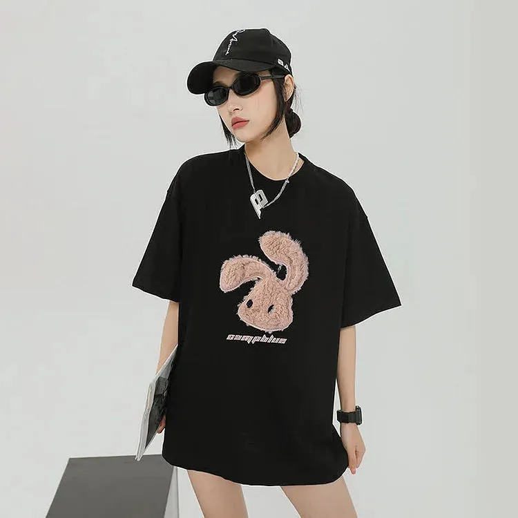 Cartoon Rabbit Letter Embroidery Round Neck T-Shirt