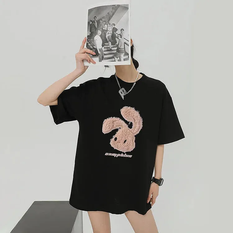 Cartoon Rabbit Letter Embroidery Round Neck T-Shirt