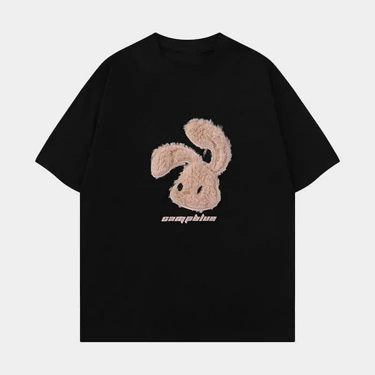 Cartoon Rabbit Letter Embroidery Round Neck T-Shirt