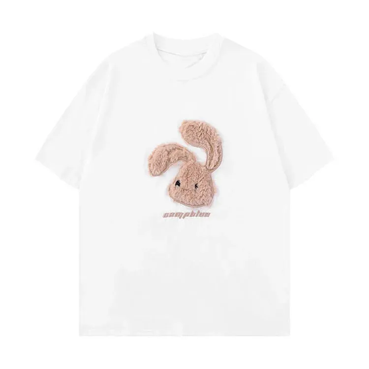 Cartoon Rabbit Letter Embroidery Round Neck T-Shirt