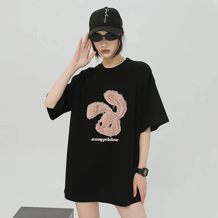 Cartoon Rabbit Letter Embroidery Round Neck T-Shirt