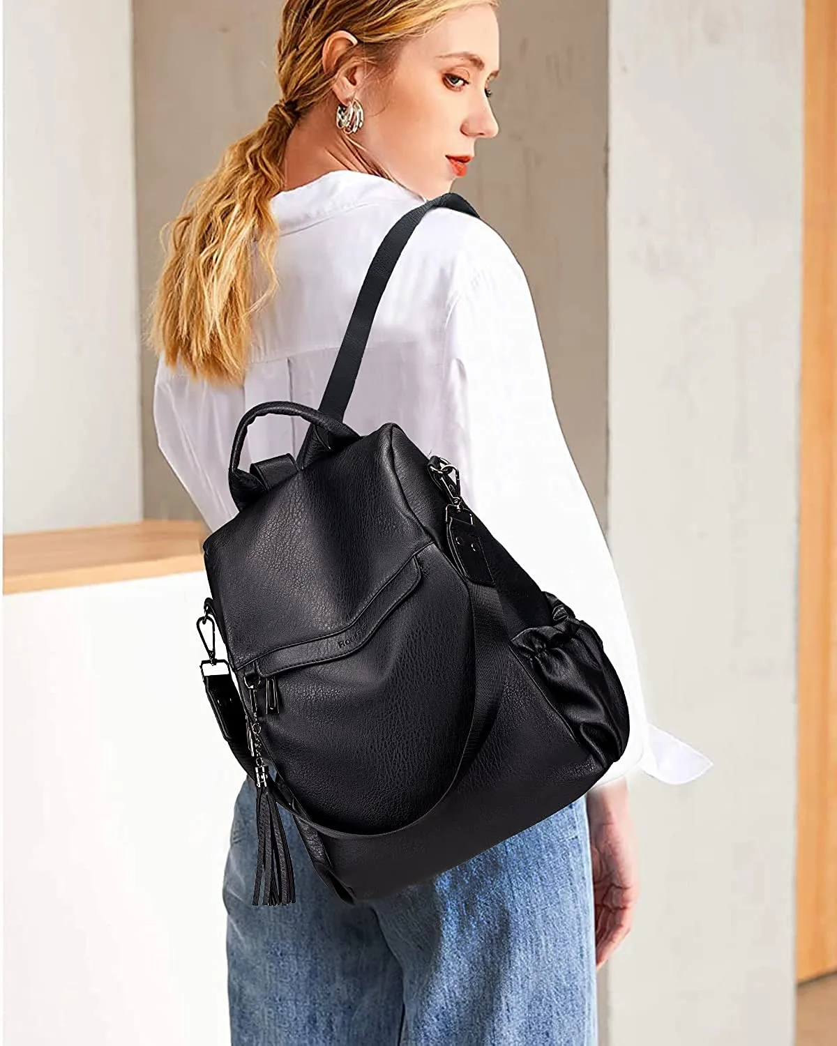 Casual Anti Theft Black Pu Leather Backpack Convertible Shoulder Bag