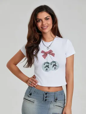 Casual Short Sleeve Crew Neck Bow Disco Ball Print Summer T-shirt