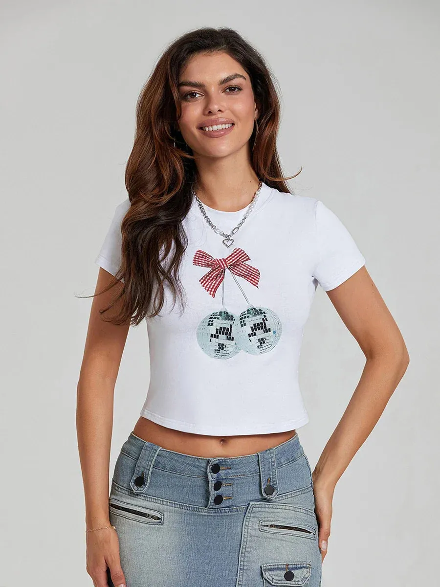 Casual Short Sleeve Crew Neck Bow Disco Ball Print Summer T-shirt