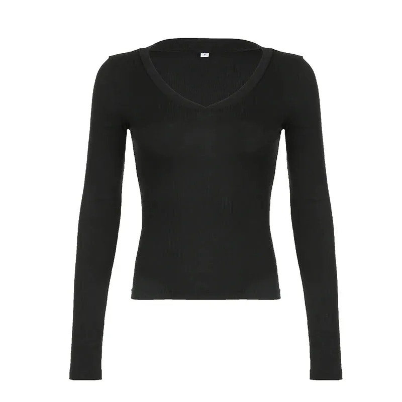 Casual V Neck Black Autumn T-shirts for Women Long Sleeve Basic Top Tee Korean Fashion All-Match Solid Pullover Cute