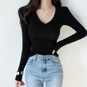 Casual V Neck Black Autumn T-shirts for Women Long Sleeve Basic Top Tee Korean Fashion All-Match Solid Pullover Cute