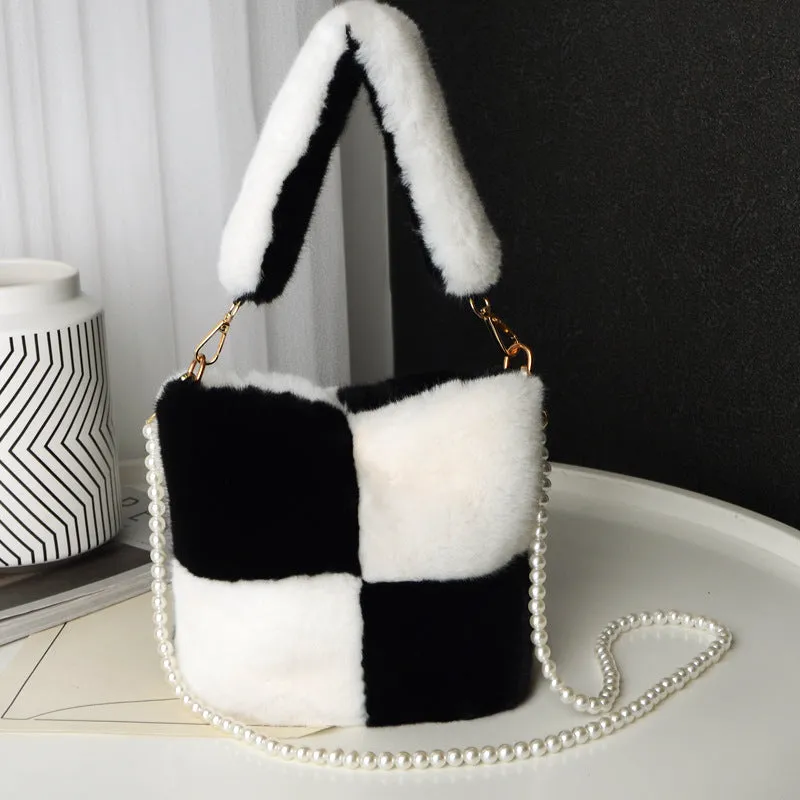 Checkerboard Plush Bucket Bag