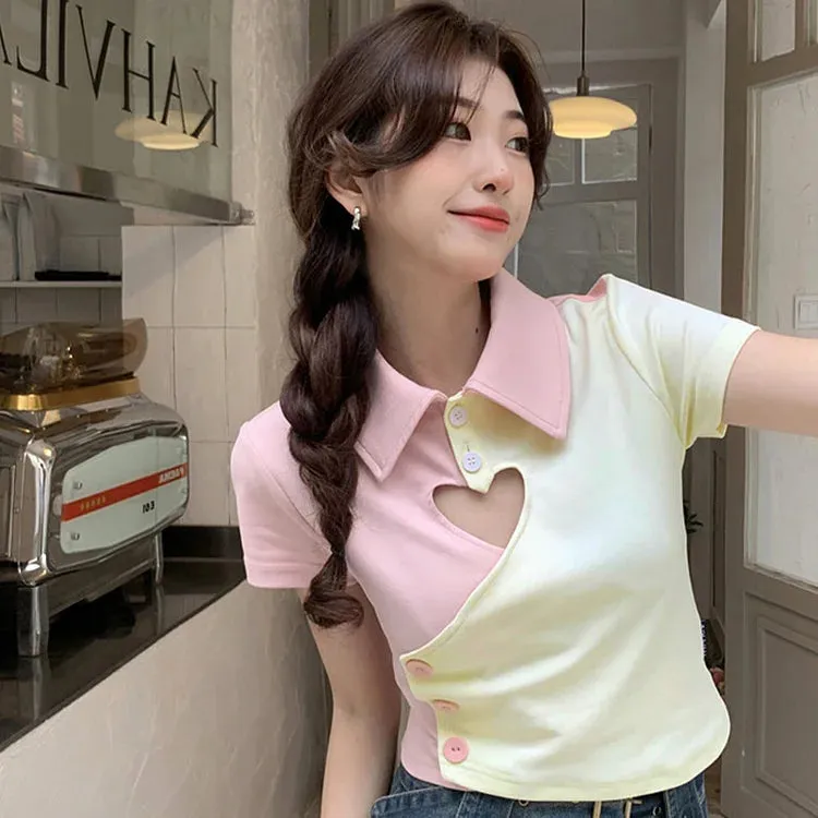 Colorblock Love Heart Hollow Out Collar T-Shirt