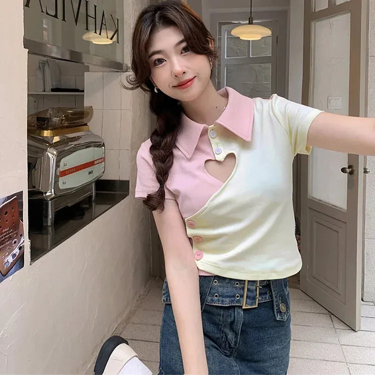 Colorblock Love Heart Hollow Out Collar T-Shirt