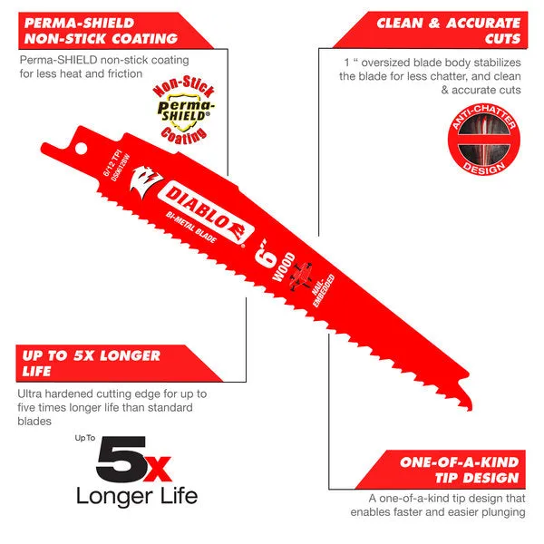 Diablo 12" x 4/6-TPI Bi-Metal Reciprocating Saw Blades for Nail-Embedded Wood - 5/Pack