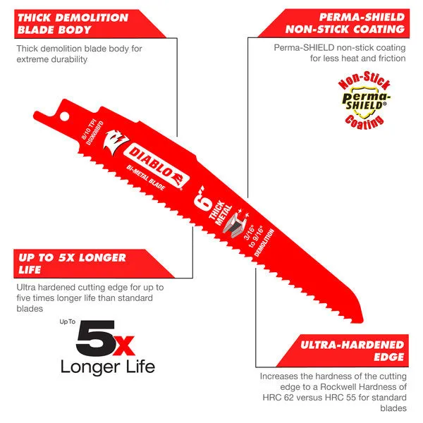 Diablo 6" x 8/10-TPI Bi-Metal Reciprocating Saw Blades for Thick Metal - 5/Pack