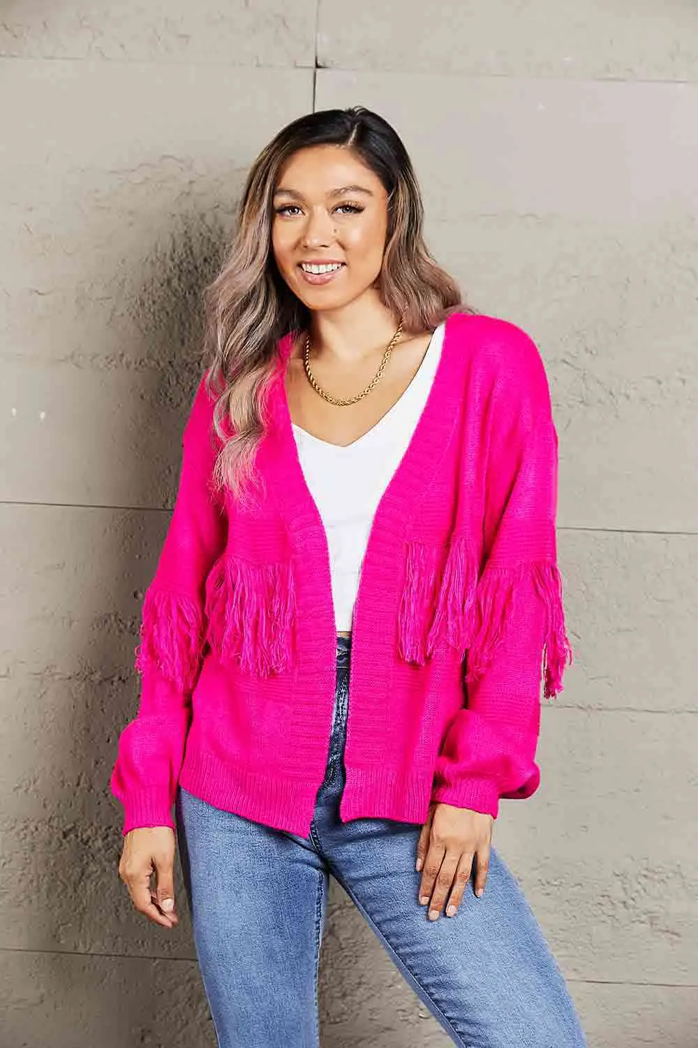 Double Take Fringe Trim Open Front Cardigan