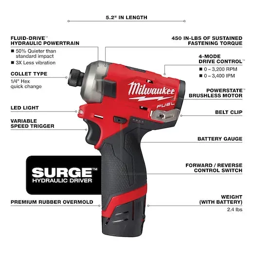 Driver Kit - Milwaukee M12 FUEL™ SURGE™ 1/4" Hex Hydraulic Driver Kit, 2551-22