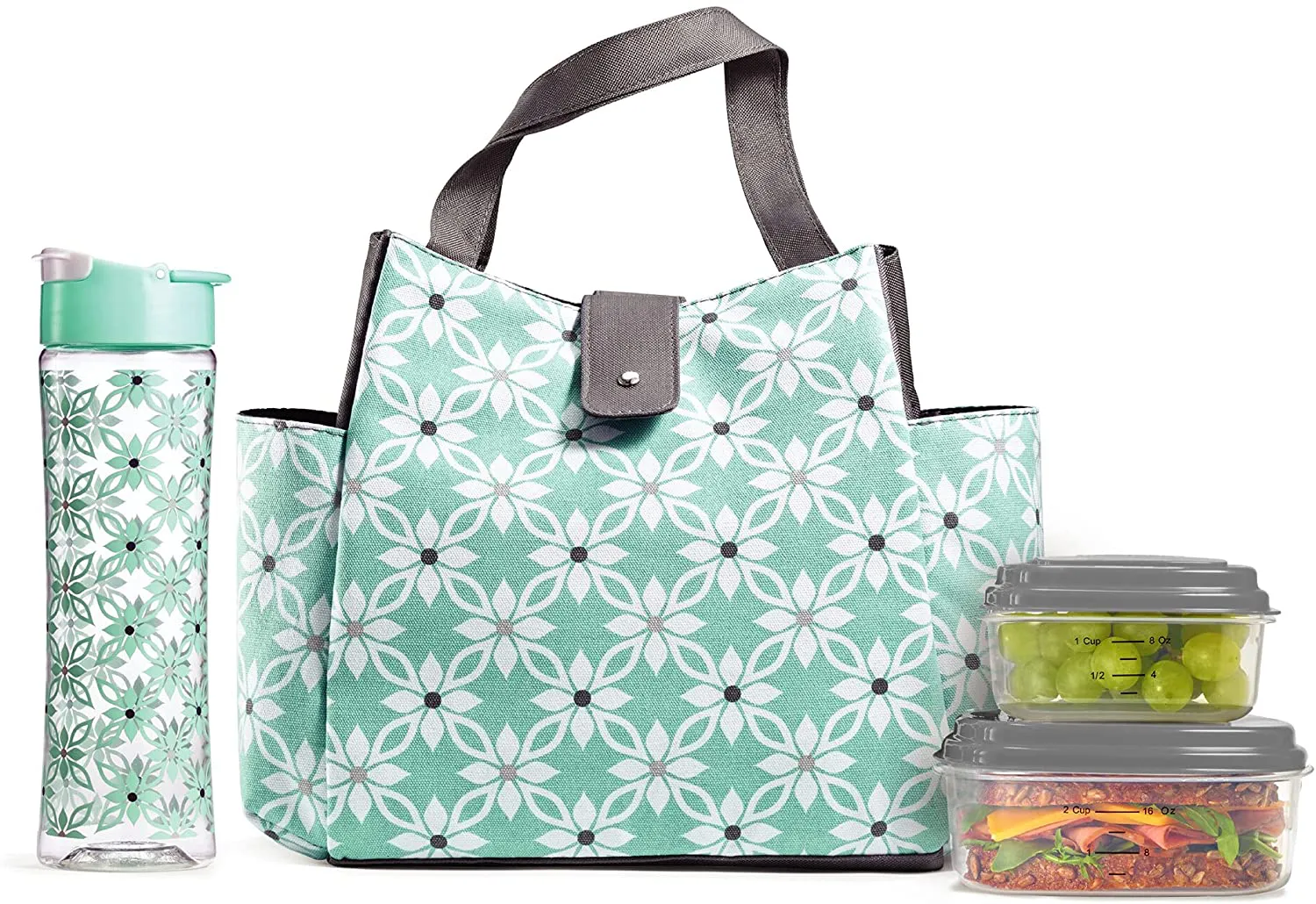 Fit   Fresh Westport Insulated Soft Liner Lunch Bag Kit with Reusable Containers, and Matching Water Bottle, Sage Camo