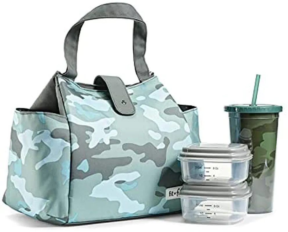 Fit   Fresh Westport Insulated Soft Liner Lunch Bag Kit with Reusable Containers, and Matching Water Bottle, Sage Camo