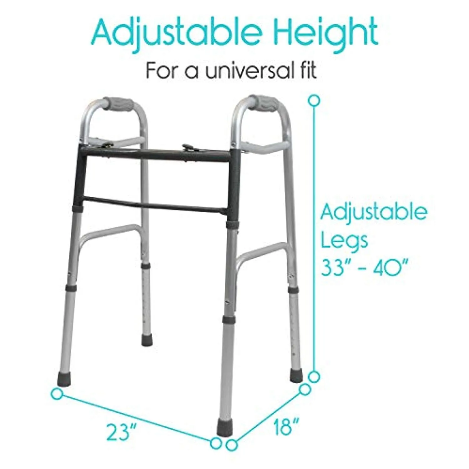 Folding Walker (Plus Bag and 2 Wheels) - Front Wheeled Support, Narrow 23 Inch Wide