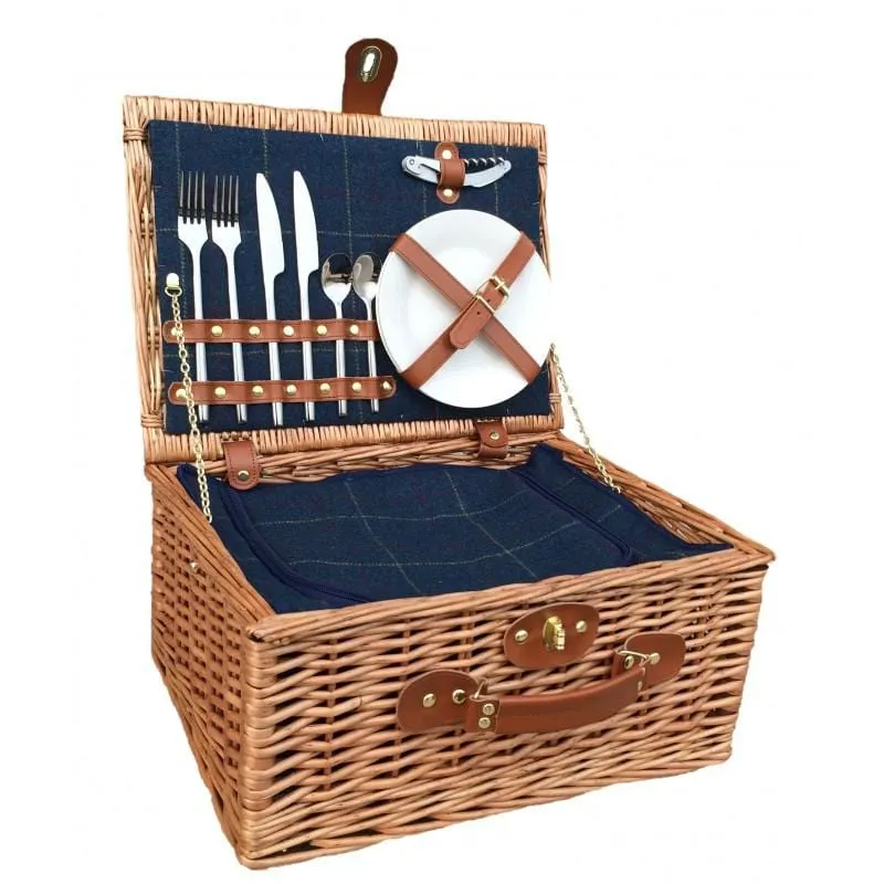 Fully Fitted Picnic Basket Hamper in Blue Tweed Two Person 062 by Willow