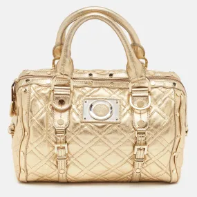 Gold Quilted Leather Studded Medusa Head Boston Bag