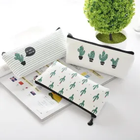 Green Cactus Pencil Case Large Capacity Canvas Pencil Bag