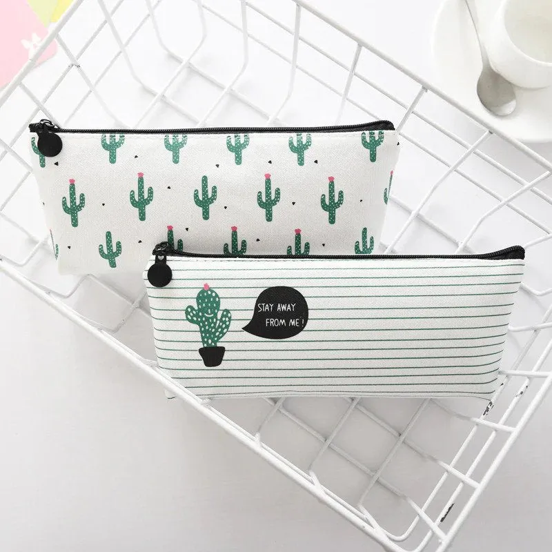 Green Cactus Pencil Case Large Capacity Canvas Pencil Bag