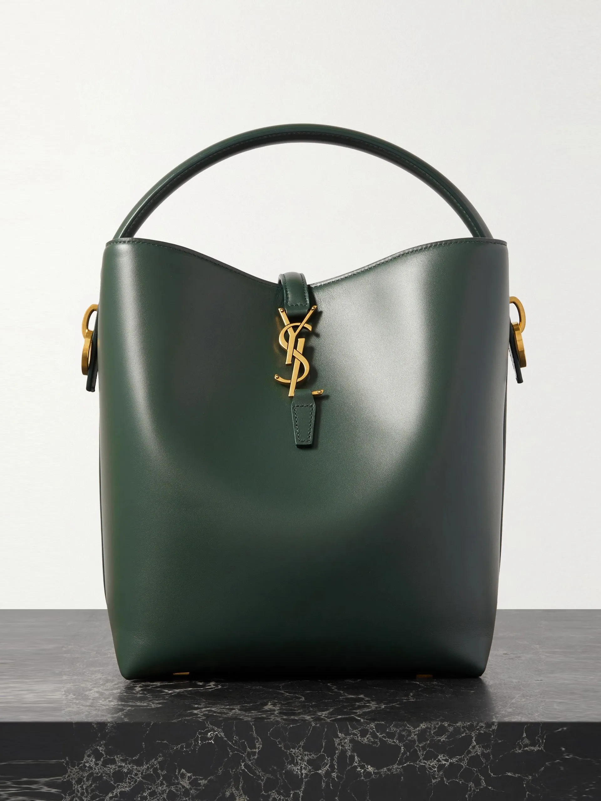 Green leather bucket bag