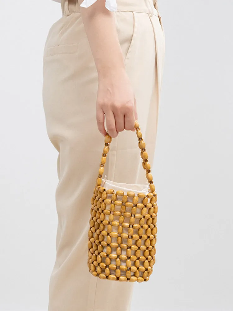 Hollowed-Out Wooden Bead Woven Bucket Bag