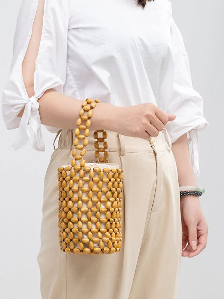 Hollowed-Out Wooden Bead Woven Bucket Bag