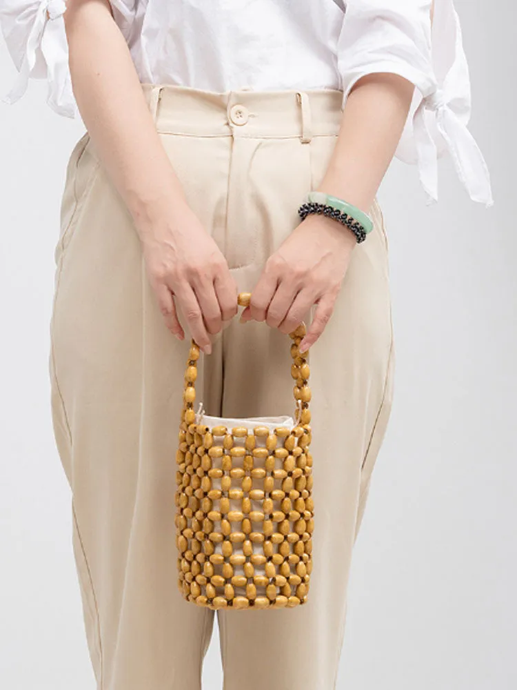 Hollowed-Out Wooden Bead Woven Bucket Bag