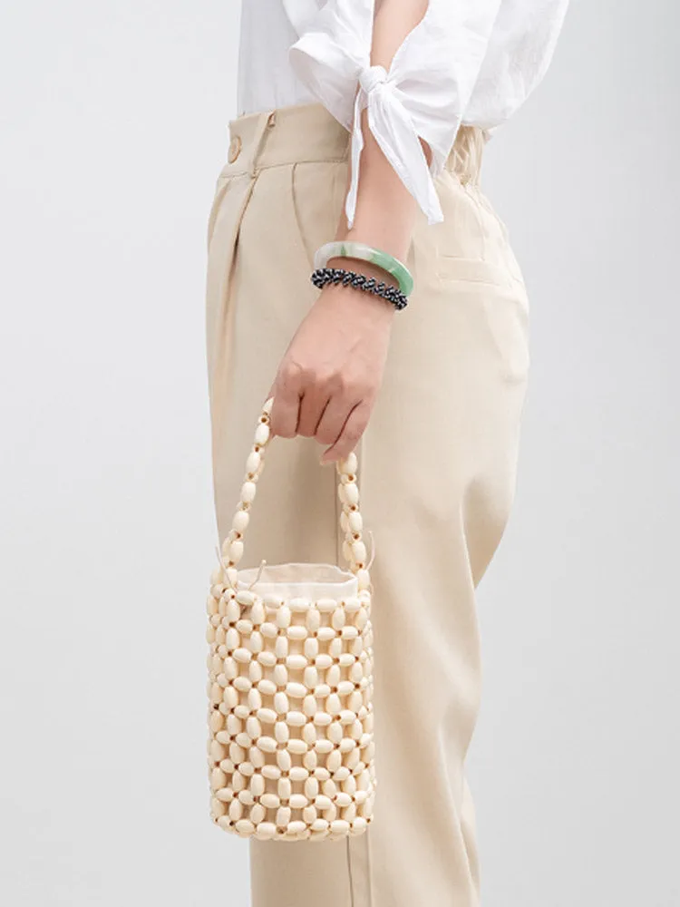 Hollowed-Out Wooden Bead Woven Bucket Bag