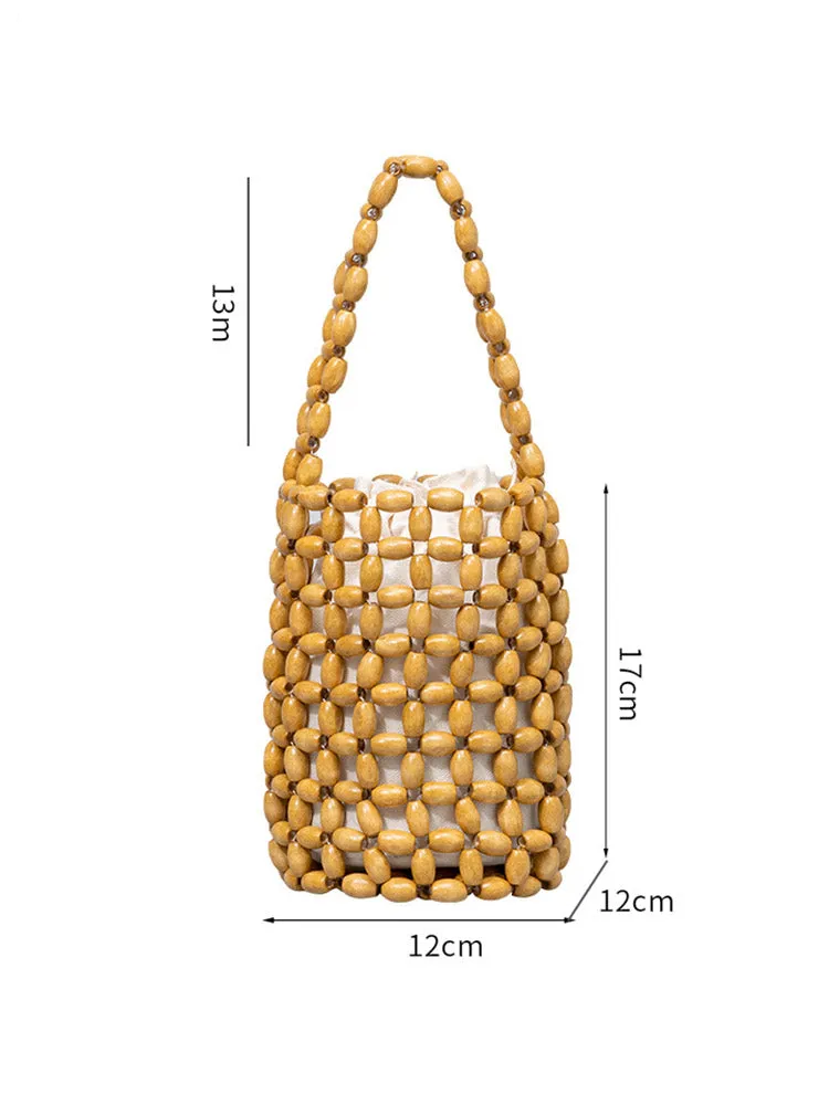 Hollowed-Out Wooden Bead Woven Bucket Bag